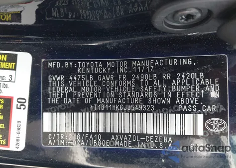 2018 Toyota Camry L from USA, damaged, VIN 4T1B11HK6JU549323